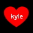 Four red heart shapes with white text 'kyle' centered inside each, arranged in a on black background