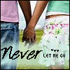 Two people holding hands with text 'Never Let Me Go' on a grassy background, showing hand position changes across frames.