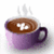 Purple mug with brown liquid and white steam, featuring a heart-shaped latte art design.