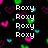 Pixelated icon with four stacked 'Roxy' text lines on black background, surrounded by floating pink, purple, green, and cyan hearts.