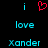 Pixelated text and symbols on black background: cyan lowercase 'i' flanking red heart symbol, with 'love' below each 'i', and 'Xander' at bottom of both sides.