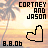Pixelated icon with palm tree, sunset background, and text reading 'CORTNEY AND JASON' above a heart outline.
