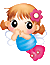 Pixelated cartoon angel with brown pigtails, pink flower in hair, blue dress, white wings, and red heart-shaped object; left view shows open eyes, right view shows closed eyes.