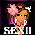 Pixel art contact sheet showing two frames of an animated buddy icon featuring a cartoon woman with pink flowers in her hair and the text "SEXII" changing from white to pink.