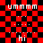 Red and black checkered background with white text 'ummm' at top, three dots in middle, and 'hi' at bottom; right side shows a blurred version of the same layout.