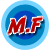 Red 'MF' letters with white outline on blue circular gradient background, pixelated style.