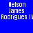Pixelated text 'Nelson James Rodrigues' displayed in white on blue and black backgrounds with slight variations between