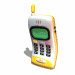 A yellow and white mobile phone with a green screen, black keypad buttons, and pink accent keys in various poses.