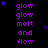 Purple text reading 'glow melt and flow' repeats in a pattern on black background with scattered blue stars, some of which move across the frame