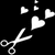 Pixelated white scissors and floating hearts on a black background, static single-frame image with no visible text or additional elements.