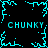 Pixelated cyan text and abstract shapes on black background, with repeated 'CHUNKY' phrases and branching patterns.
