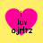 Four identical pink heart-shaped icons with black text on a yellow background, each displaying 'i luv ajdtz' in pixelated font.