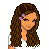 Pixel art buddy icon featuring a female character with long brown hair and blue starry pants, shown in two frames of an animation sequence on a gray background.