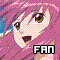 Pixelated anime-style face with pink hair and brown eyes, two versions of the same character shown side-by-side with different text colors.