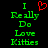 Green pixelated text reads "I Really Do Love Kitties" with a red heart symbol replacing the word "love" in the first frame, against a black background.