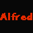 Red stick figure with blue feet and a smiling face, next to partial red text 'Alfred' on black background.