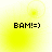Yellow gradient background with black text 'BAM!=)' and animated circular light effects at top-left and bottom-left corners.