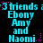 Pixelated cyan text on black background reads '3 friends Ebony Amy and Naomi' with pink star accents, repeated in a pattern