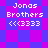 Pixelated icon displays "Jonas Brothers <<(333)" text over shifting purple and pink diamond-patterned backgrounds with two distinct background styles.