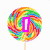 A colorful swirl lollipop with a white stick, overlaid with a pink rectangular frame containing the letter 'I' on a white background.
