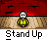 Animated contact sheet of a yellow stick figure character in various poses with changing speech bubbles and background elements across 18 frames.
