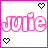 Pixelated pink text 'Julie' with heart symbols at top and bottom corners on white background, bordered by solid magenta frame.