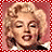 Two side-by-side pixelated frames of a woman with blonde curls against a red background, bordered by white and red checkered pattern.