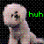 Pixelated character with light pink and gray tones, dark eyes, green text 'huh' on black background.