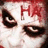 A pixelated face with white skin, dark eye makeup, and red 'HA' text on the forehead; two versions show different mouth expressions.