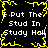 Black background with yellow pixelated border and repeated white text "I Put The Stud In Study Hall" in four quadrants.