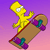 Pixelated yellow cartoon character with white eyes rides brown skateboard with purple and teal wheels against gradient purple-pink background.