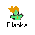 Pixelated green character with orange hair and shirt emblem, below pixelated text "blanka" on gray background.