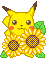 Pixel art contact sheet of two Pikachu frames with sunflowers, yellow character with brown-tipped ears and red cheeks holding green-leafed sunflowers against gray background.