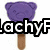 A pixelated image shows a purple teddy bear head on a stick above six pens, with partial text reading "lachyF" and "miggle" overlaid.