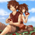 Two pixelated figures with brown hair sit on a grassy hill under a blue sky, holding red objects in their hands.