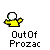 Yellow figure with white head performs sequential arm movements , text below reads 'OutOf Prozac' in white pixelated font on gray background