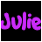 Animated contact sheet of a 5x5 grid showing sequential frames of the name "Julie" in purple gradient text fading across black background.