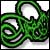 Green pixelated spiral shape with white highlights on a light background, forming an abstract swirling pattern.
