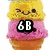 Pixelated ice cream cone with yellow top scoop winking, pink middle scoop, orange cone; black text '6B' overlaid on pink scoop.
