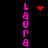 Vertical pink text 'LAURA' repeats on both sides of a black background with red pixelated heart and dot clusters.