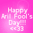 Pixelated pink background with white text reading "Happy Aril Fool's Day!!! <<33" in four identical quadrants.