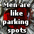 Static image with pixelated text over a red and gray background, displaying a humorous comparison about men and parking spots.