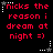 Red pixelated text on black background with white star and dotted line decorations, repeating 'nicks the reason i dream at night =)' in six positions