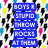 A static pixelated image with five blue rectangular text blocks stacked vertically, each containing white uppercase letters against a background of scattered black and colored pixels.