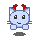 Pixelated light blue cat-like creature with red horns, black eyes, pink cheeks, and gray whiskers in four variations showing different eye expressions.