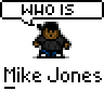 A 3x3 contact sheet of pixel art frames showing a cartoon character with the name "Mike Jones" in various text and speech bubble styles, including solid black-and-white, grayed-out, and distorted versions.