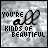 Static image of text 'YOU'RE all KINDS OF BEAUTIFUL' with 'BEAUTIFUL' in rainbow gradient on gray textured background.