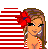 Pixelated image of a woman in red bikini with flower, striped background and text elements.