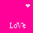 Pixelated pink background with four 'Love' text elements, a heart symbol at top center, and two dot clusters in the corners.