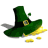 Green leprechaun hat with black band and gold buckle, yellow coins scattered below on white background.